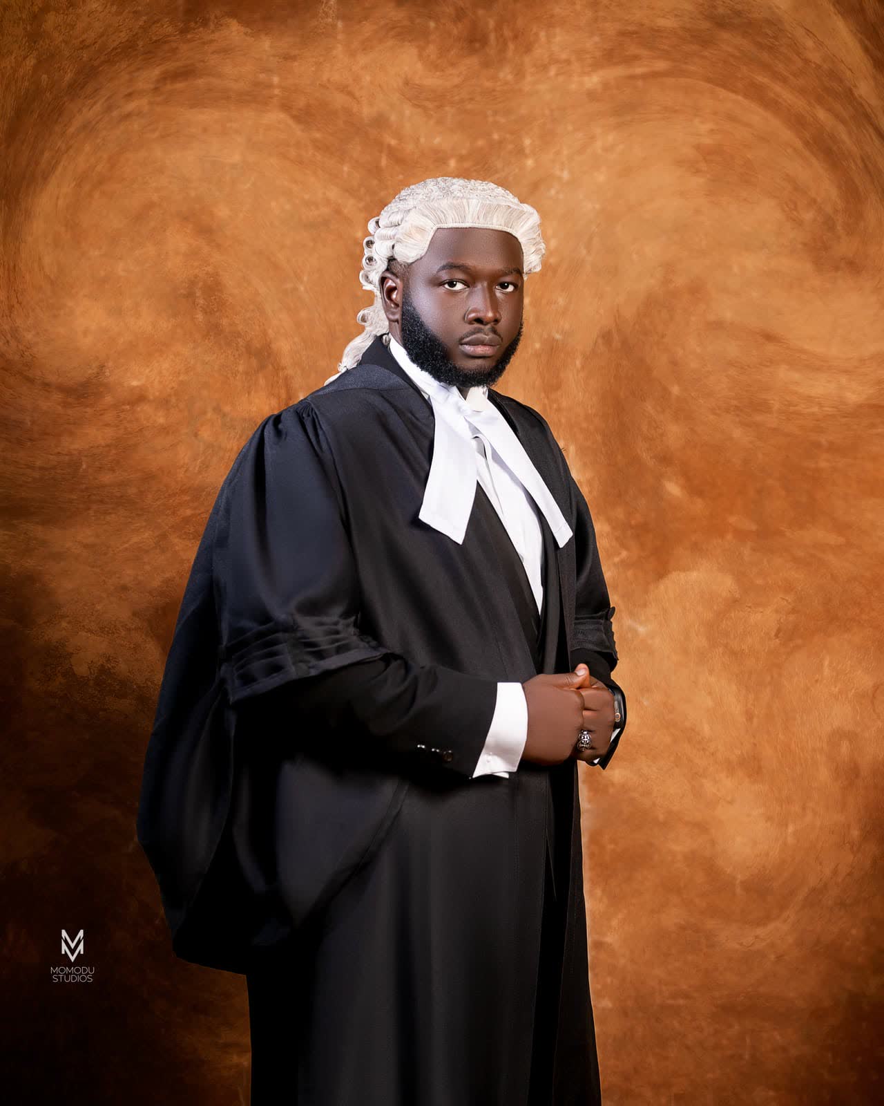A new lawyer in wig and gown against a textured bronze backdrop
